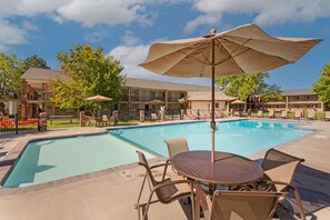 Piscine extérieure en saison, parasols, chaises longues
