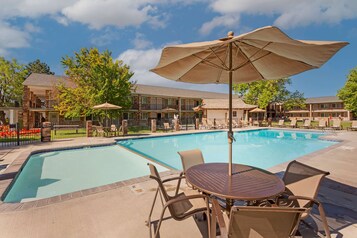 Seasonal outdoor pool, pool umbrellas, pool loungers