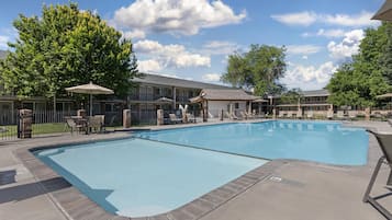 Seasonal outdoor pool, pool umbrellas, sun loungers
