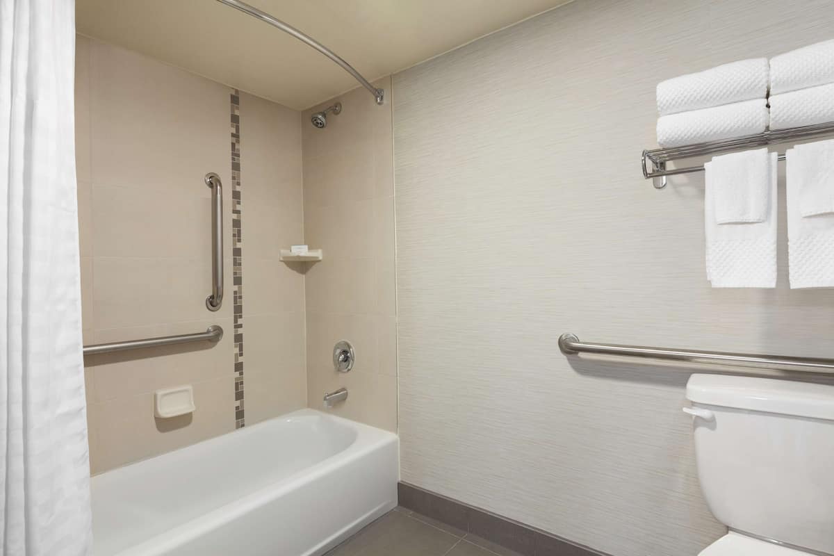 A bathroom with a bathtub, a shower with a grab bar, a toilet, and a towel rack.