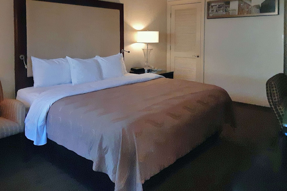 Una habitació d'hotel amb un llit gran, una làmpada de nit, una cadira i una porta amb mirall.