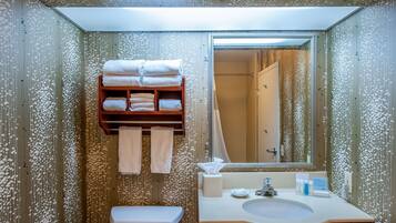 Combined shower/bathtub, eco-friendly toiletries, hair dryer, towels