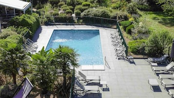 Seasonal outdoor pool, pool umbrellas, pool loungers