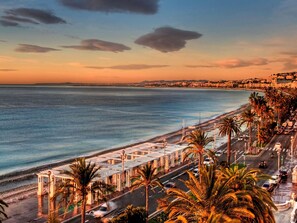 Un paysage urbain côtier avec une plage, des palmiers et une route où circulent des voitures.