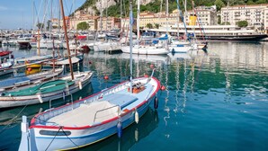 A marina with various boats docked, a hill with buildings in the background, and clear skies.