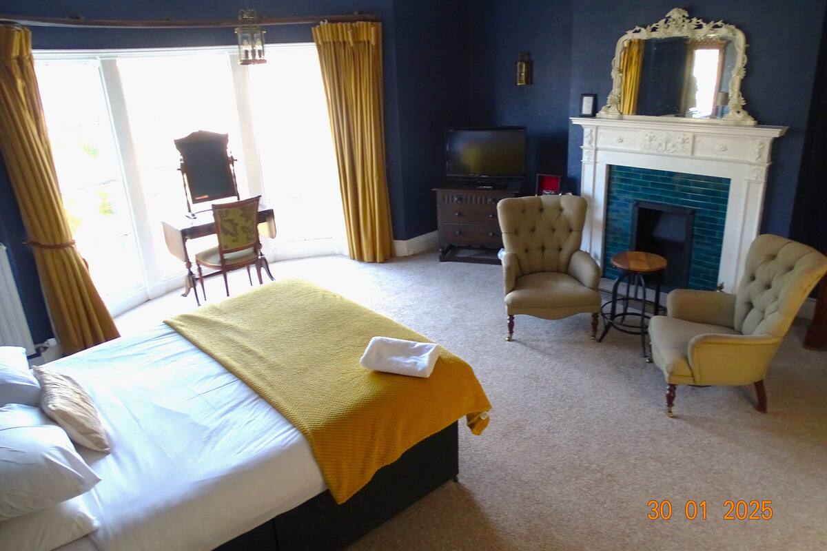A hotel room with a bed, two armchairs, a television, a fireplace, and a desk.