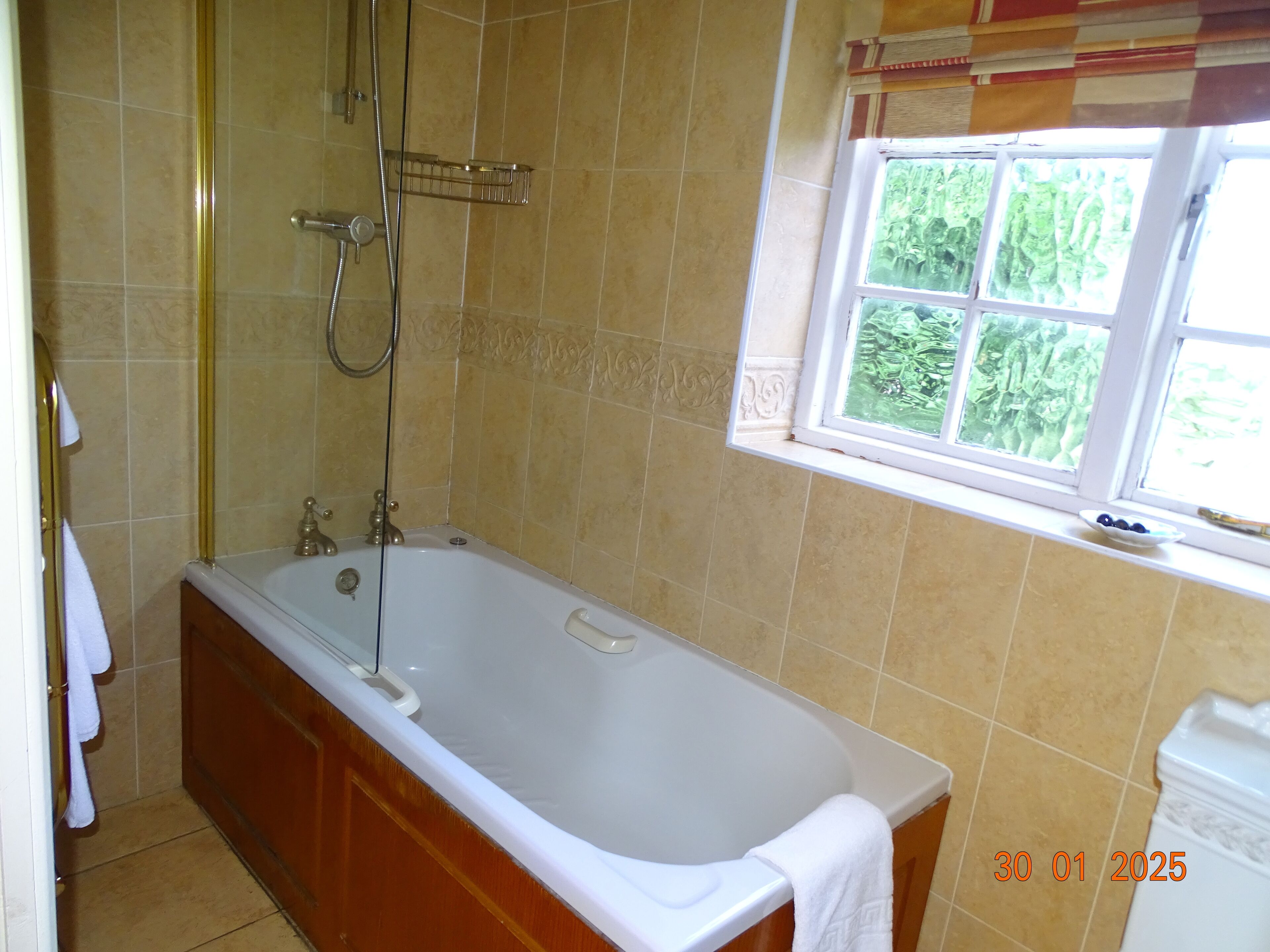 A bathroom with a bathtub, a shower, and a window with a view of greenery.