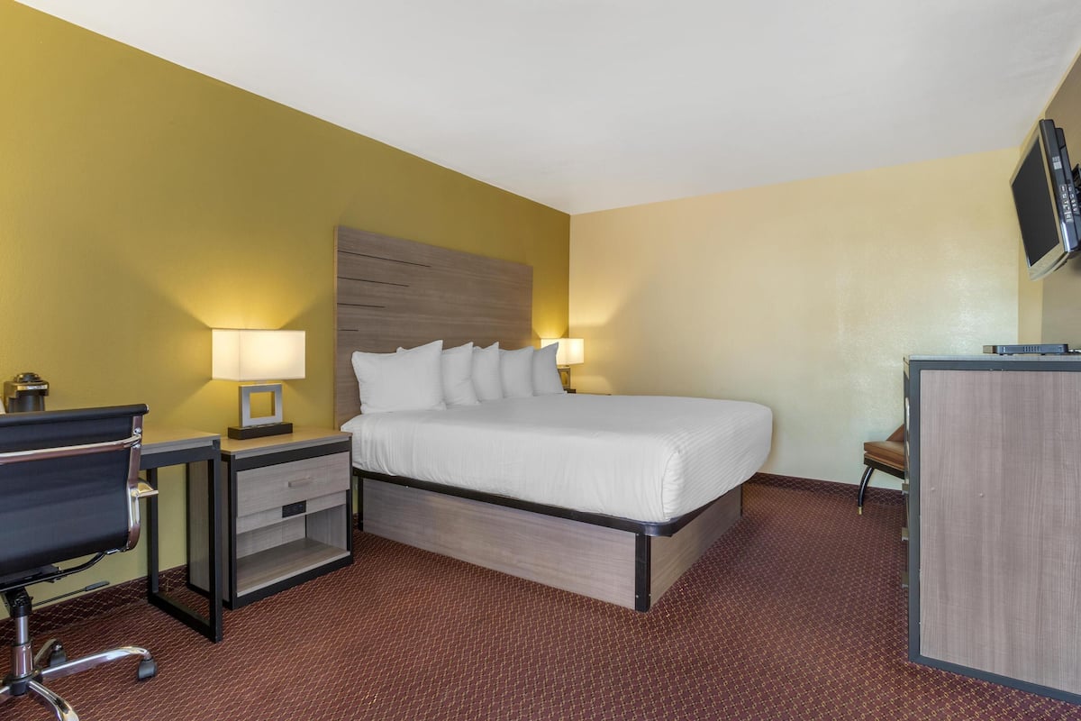 A hotel room with a bed, bedside lamps, a desk with a chair, and a TV mounted on the wall.