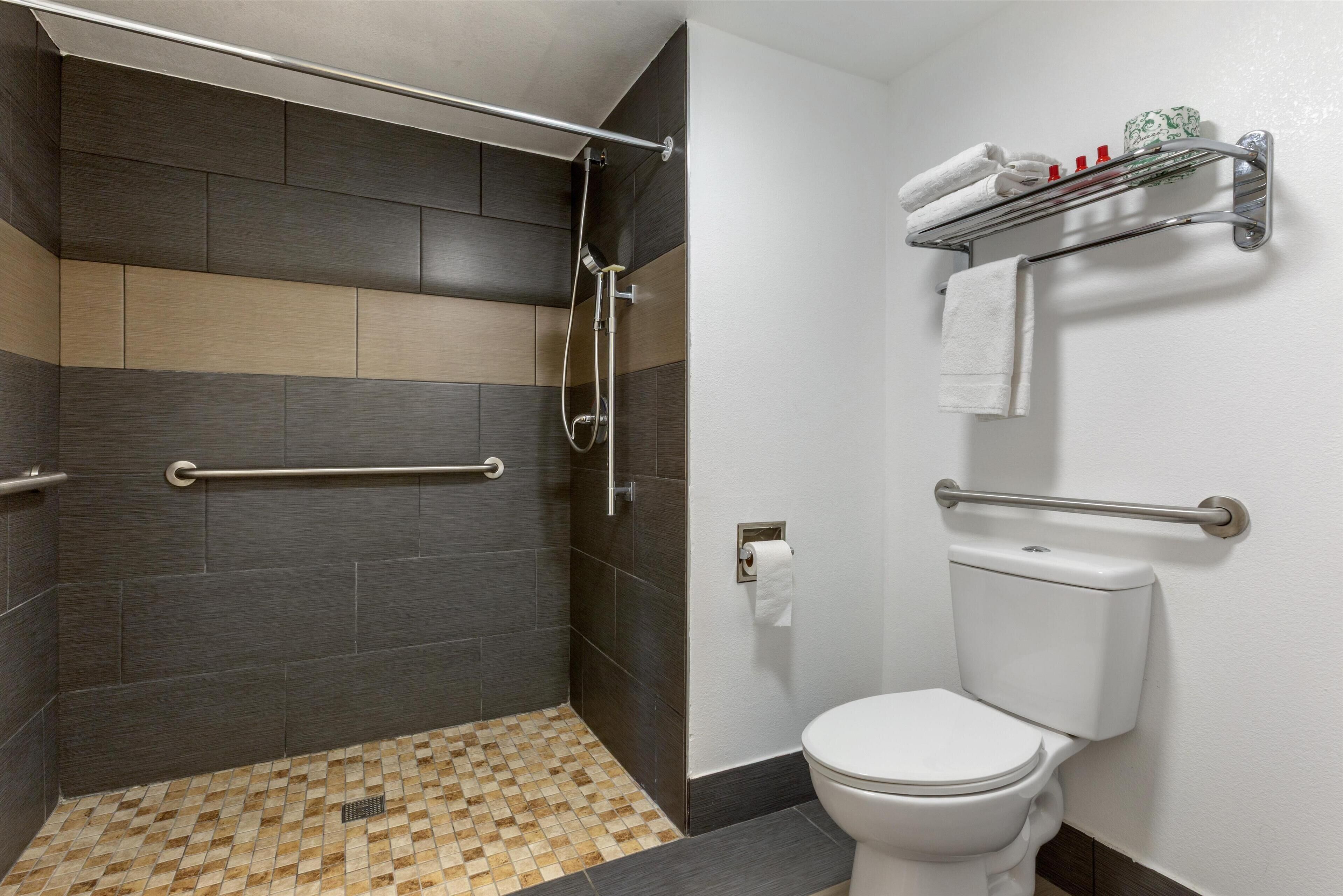 Un baño con ducha, inodoro y perchero para toallas.