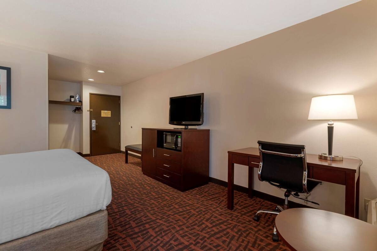 A hotel room with a bed, a desk with a chair, a television, a lamp, a microwave, and a small bench.