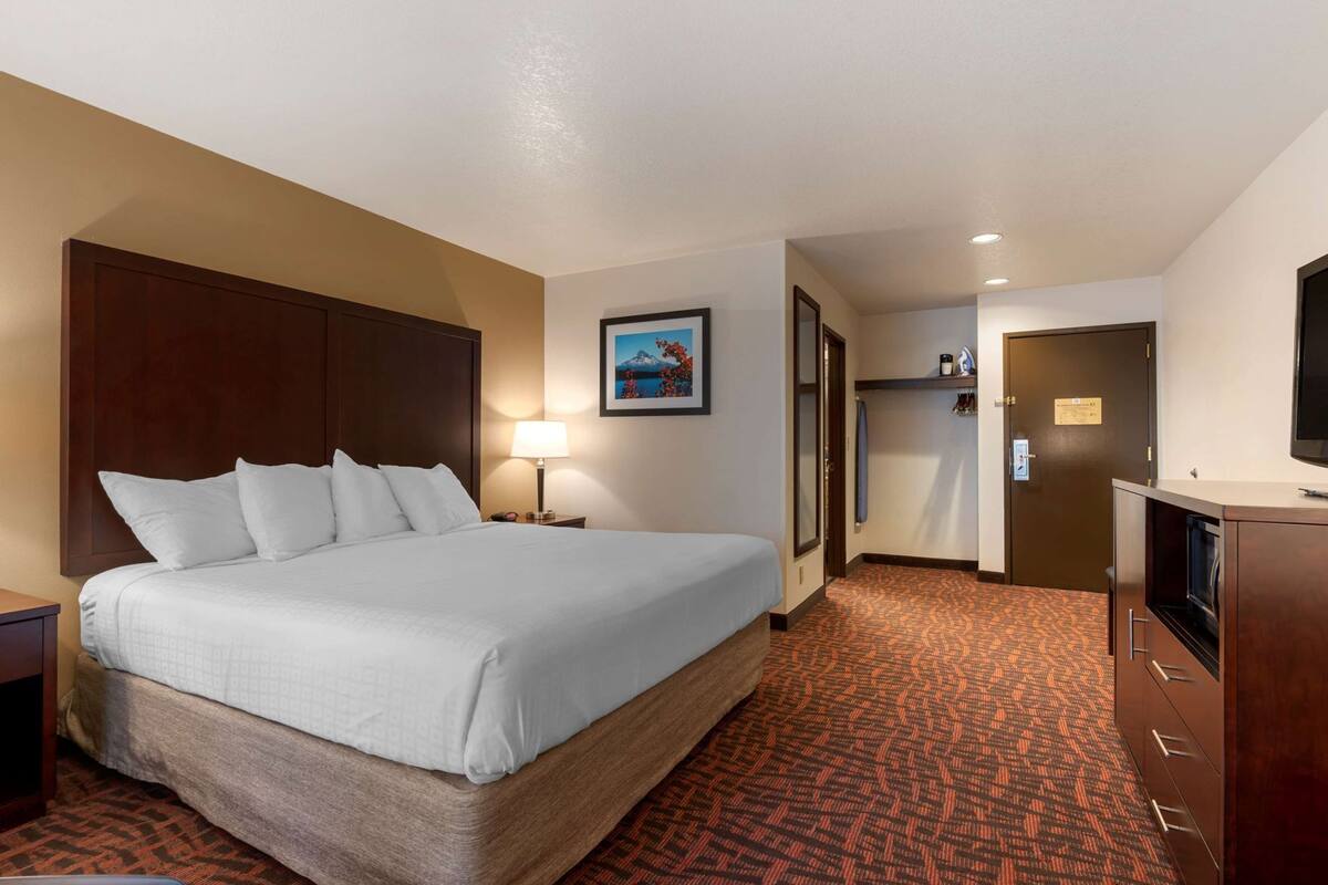 A hotel room with a large bed, a desk with a lamp, a television, and a shower area.