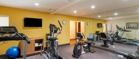 A gym with treadmills, elliptical machines, and exercise balls.