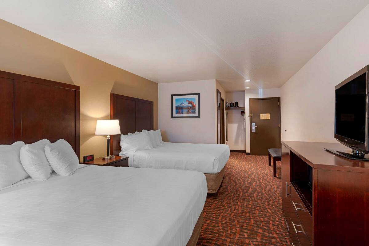 A hotel room with two beds, a desk with a lamp, a TV, and a carpeted floor.