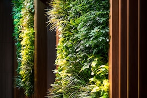 Experience a serene ambiance with our lush, living wall, featuring a variety of plants.