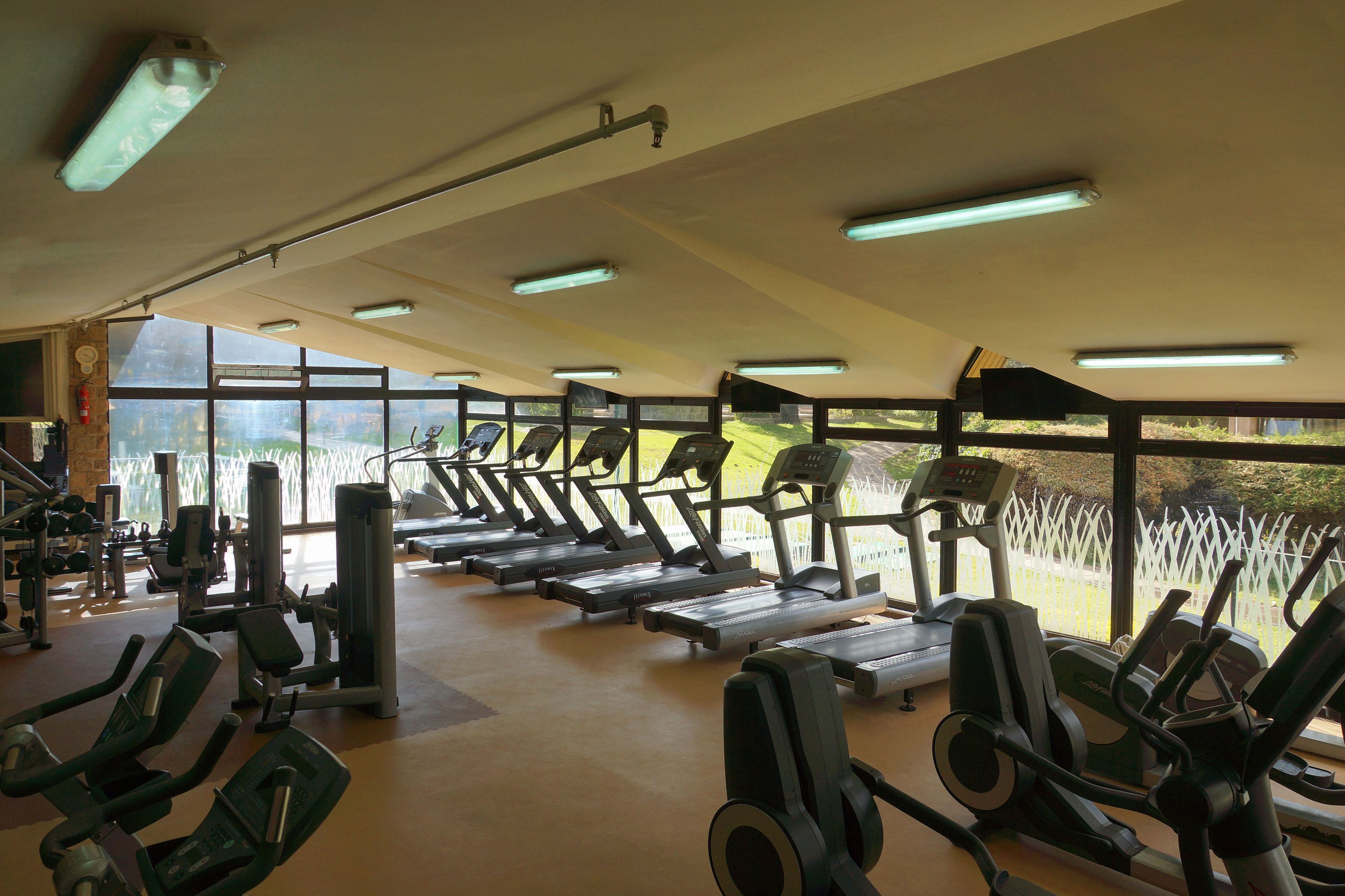 A gym with treadmills, weight machines, and benches.