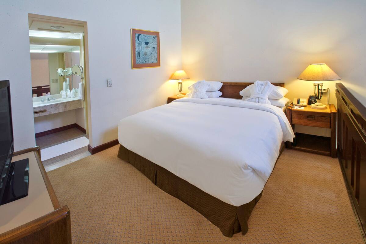 Une chambre d’hôtel avec un grand lit, deux lampes de chevet, une table de chevet avec une lampe, une télévision, une salle de bain avec un miroir et un porte-serviettes, et un tableau au mur.