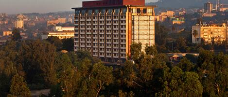 Un hotel de varios pisos con un llamativo letrero de Hilton, rodeado de árboles densos y otros edificios al fondo.