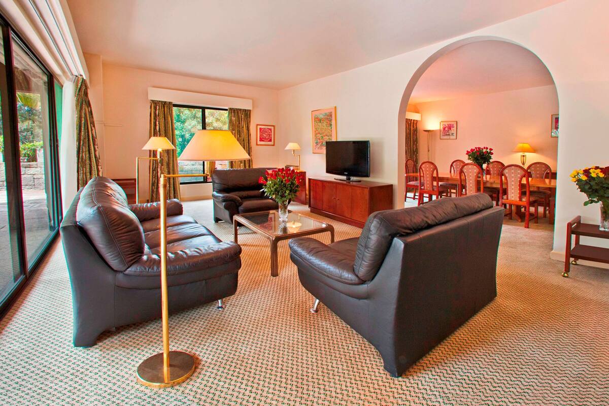 Un salon comprenant un canapé, un fauteuil, une table basse, un téléviseur et un coin repas avec des chaises et une table.