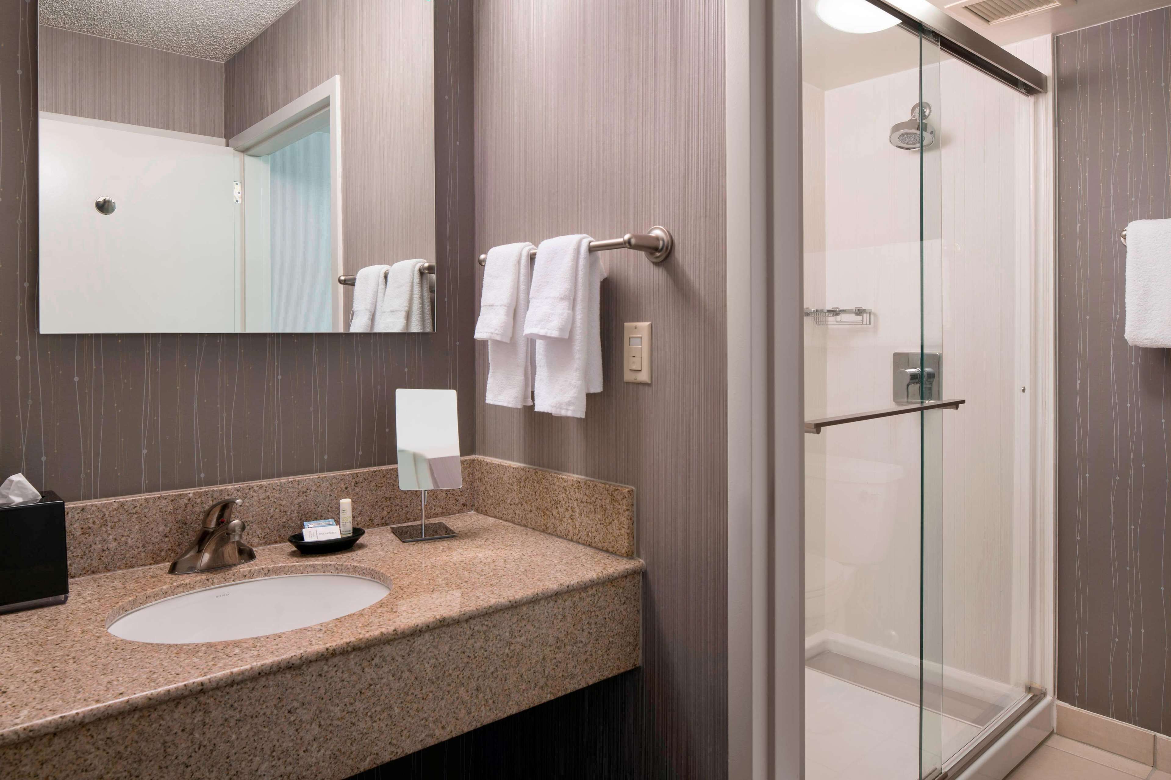 combined shower/bathtub, eco-friendly toiletries, hair dryer, towels