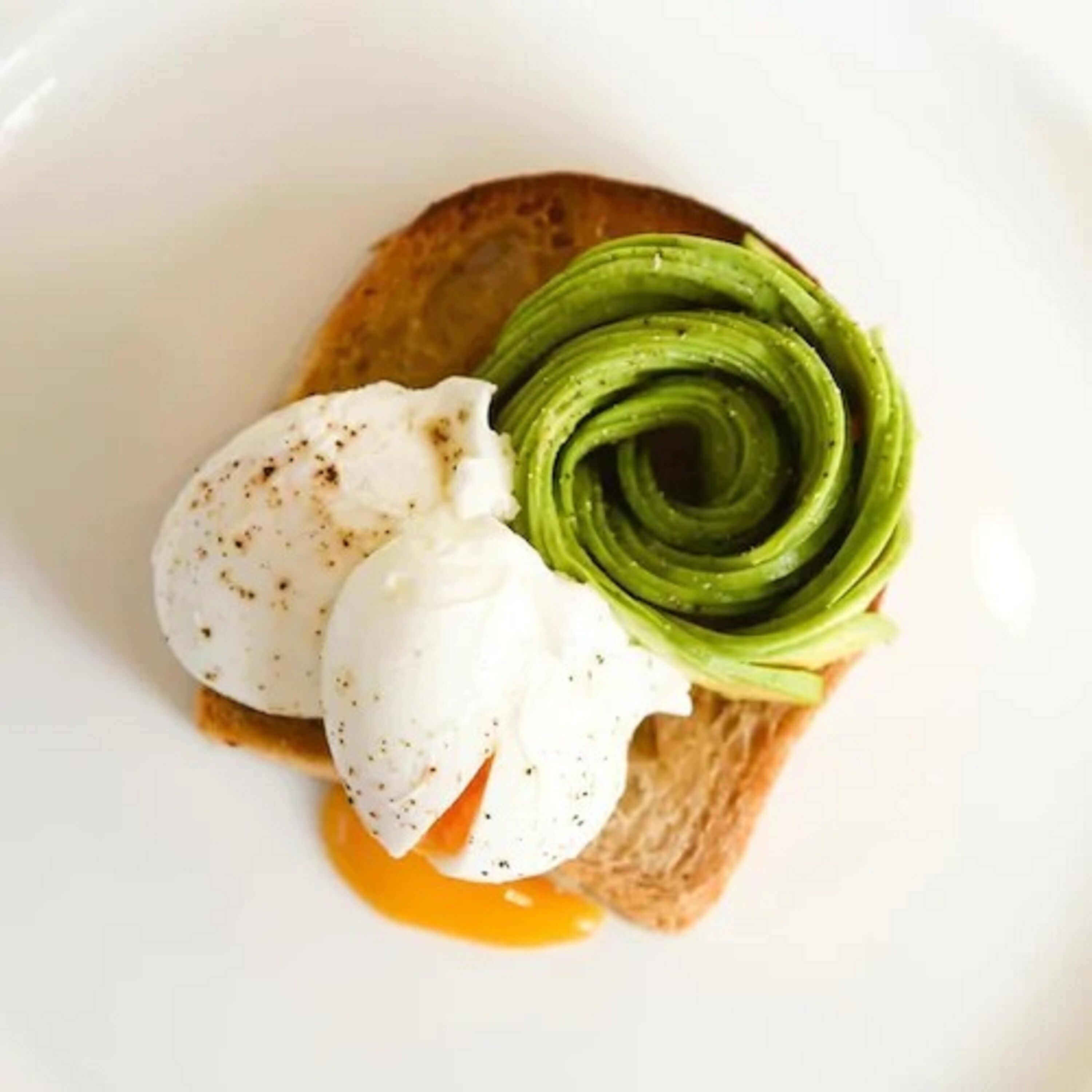 A plate with a poached egg, avocado, and toast.