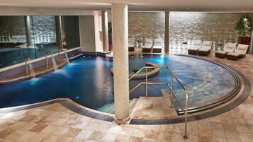 Indoor pool, outdoor pool, pool loungers
