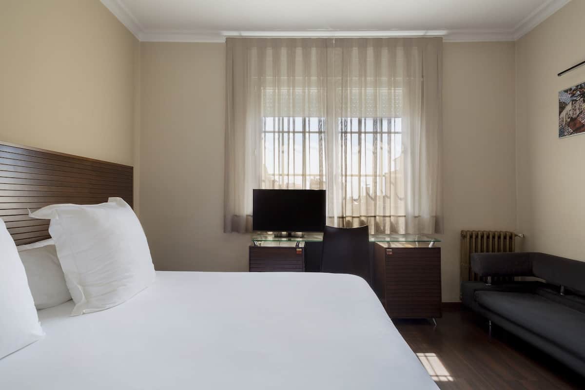 Een hotelkamer met een groot bed, een bureau met een computer, een televisie en een bank.