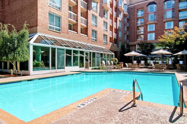 A swimming pool with a glass enclosure, lounge chairs, and umbrellas.