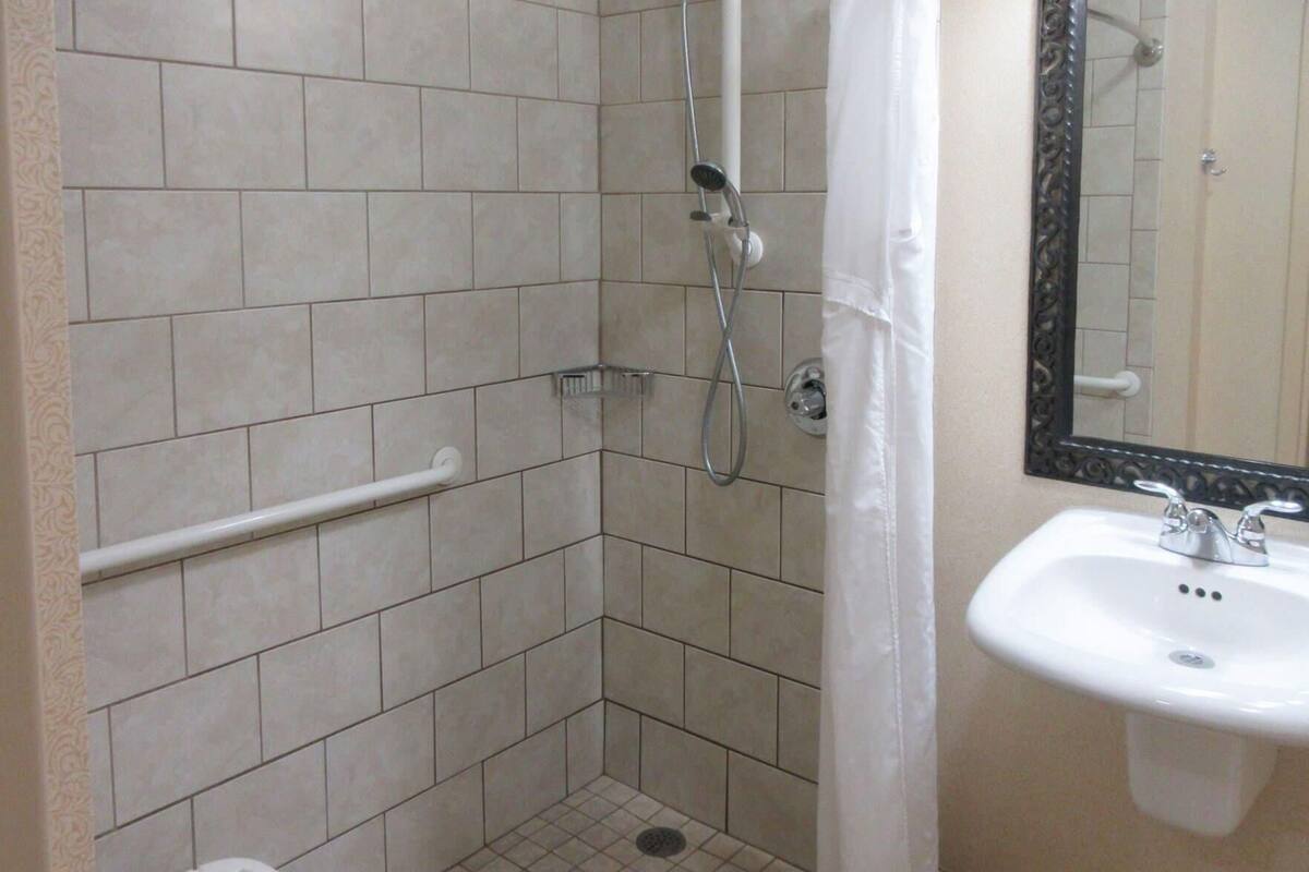 A bathroom with a shower, a white sink, and a mirror.