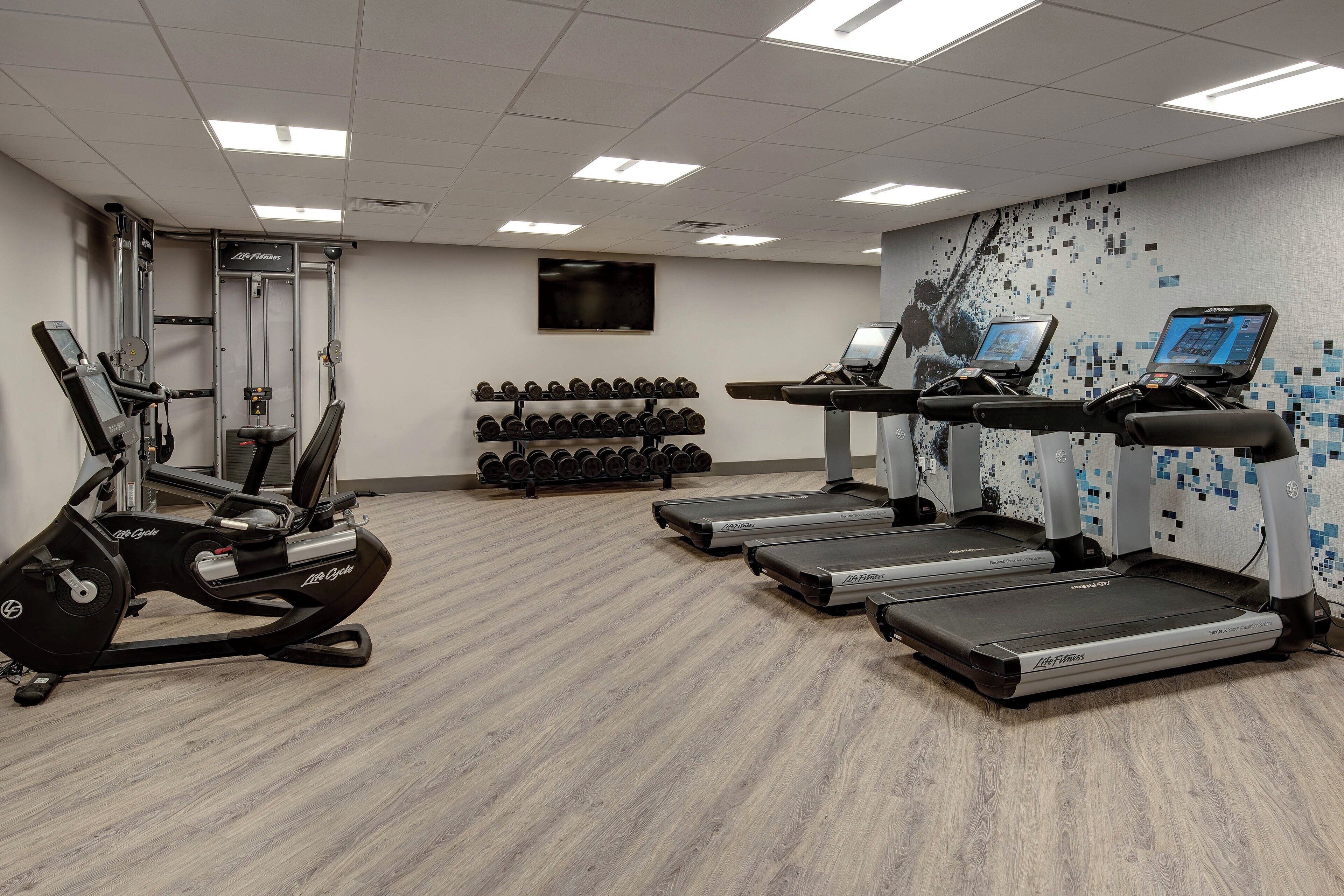 A gym with treadmills, an elliptical, and a rack of dumbbells.