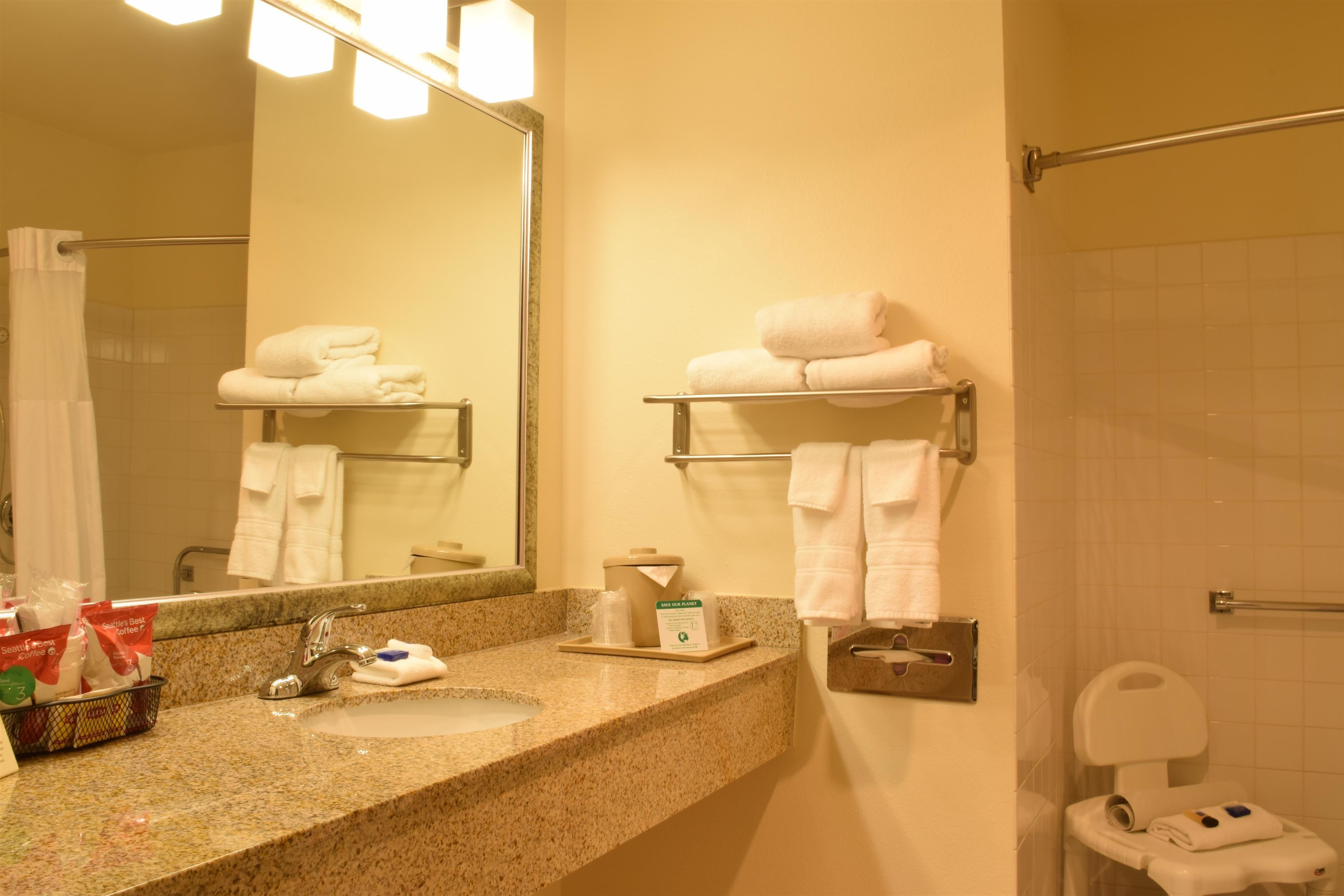 standard room, 1 queen bed, accessible, non smoking | bathroom | combined shower/bathtub, hair dryer, towels