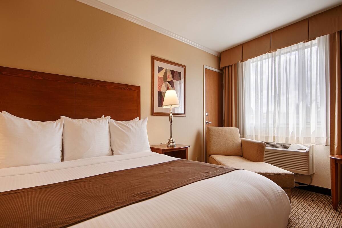 A hotel room with a large bed, a bedside table with a lamp, a chair, and a window with curtains.