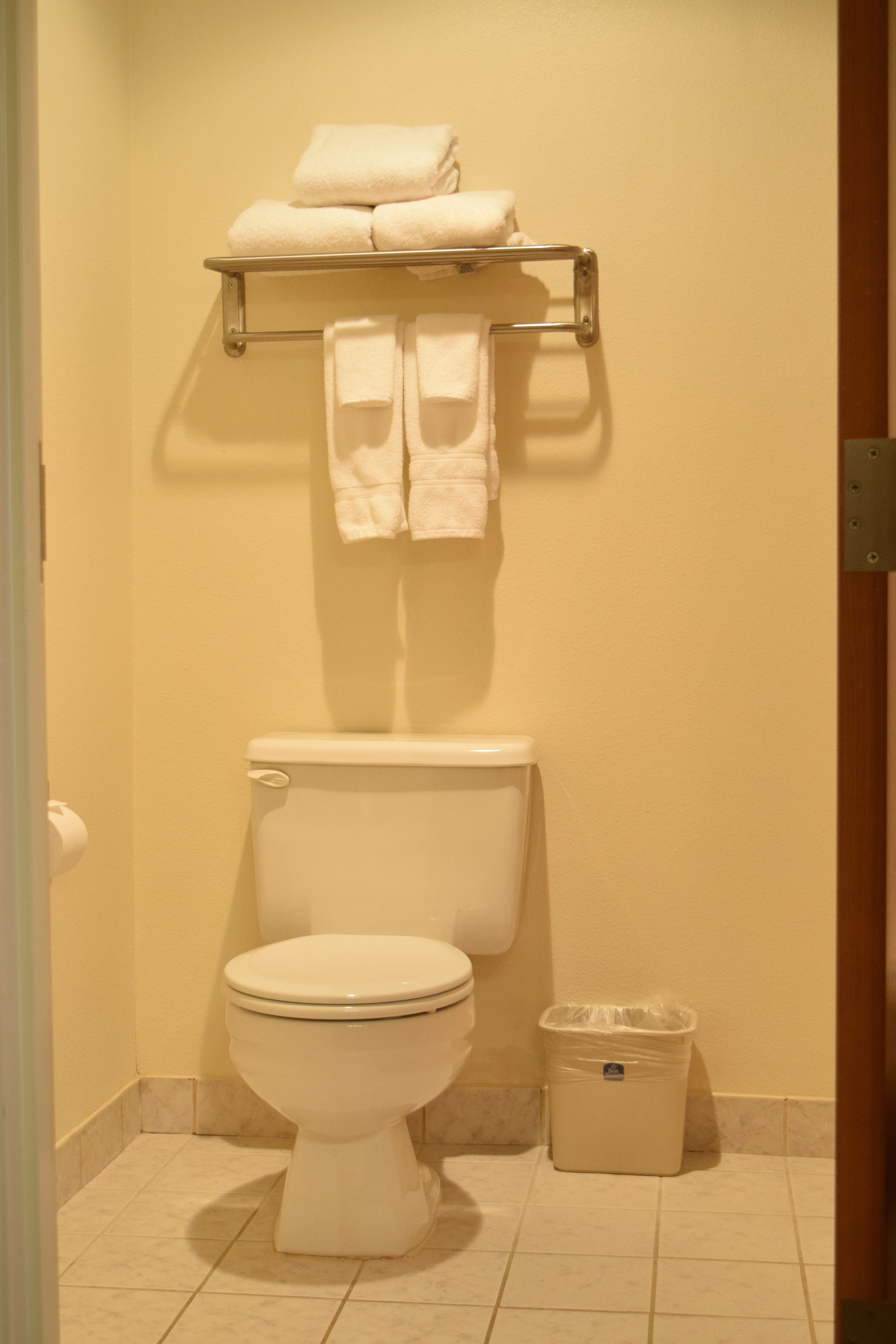 A bathroom with a toilet, a trash bin, and a towel rack with folded towels.