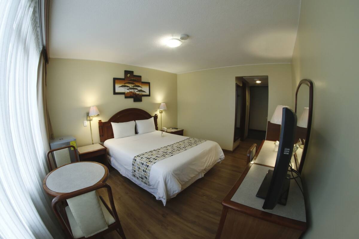 Une chambre d’hôtel comprenant un lit, des tables de chevet, un bureau avec une chaise, une télévision et un tableau au mur.
