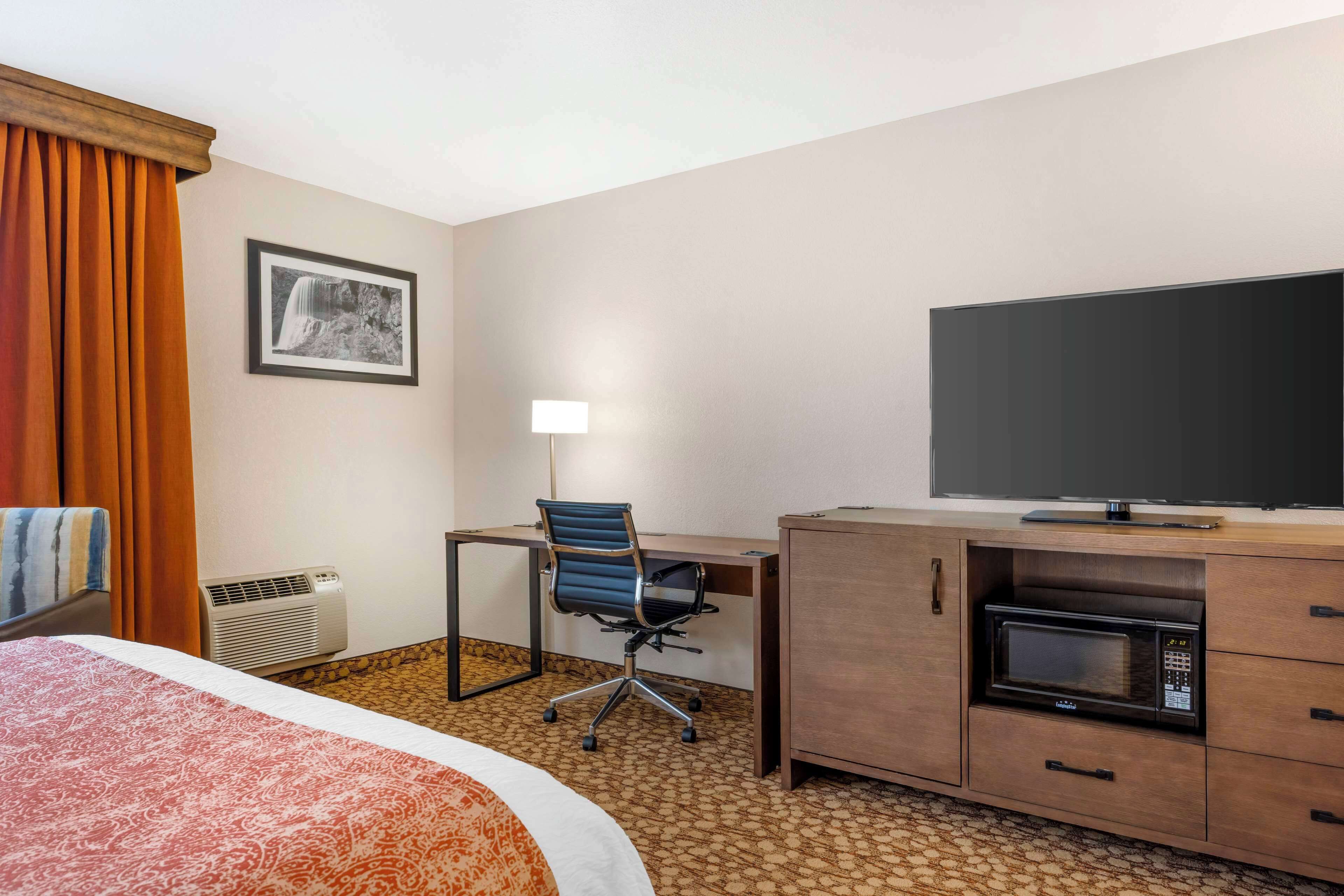 A hotel room with a bed, a desk with a chair, a television, a microwave, and a picture on the wall.
