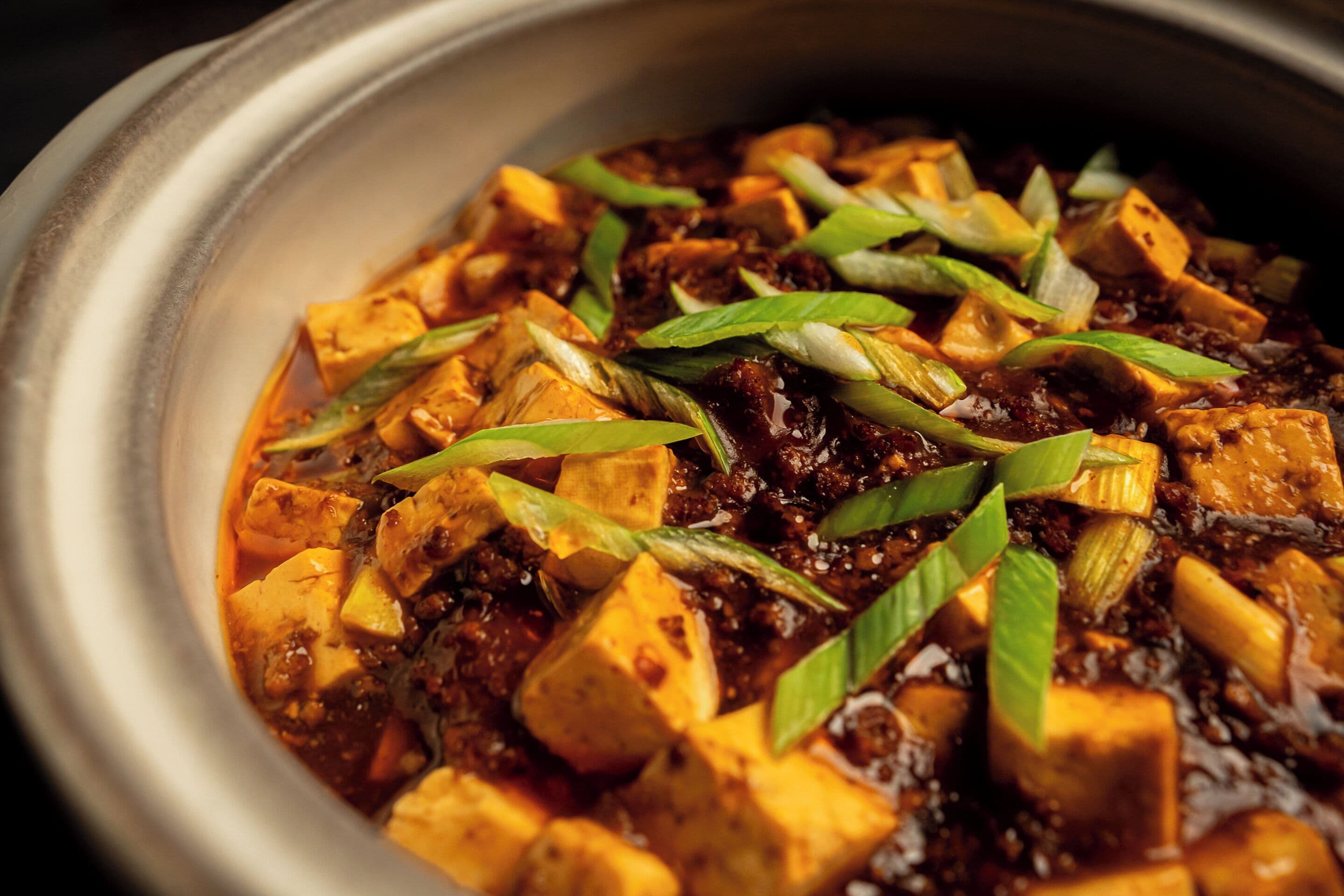 A close-up of a dish with tofu and green onions in a dark sauce.