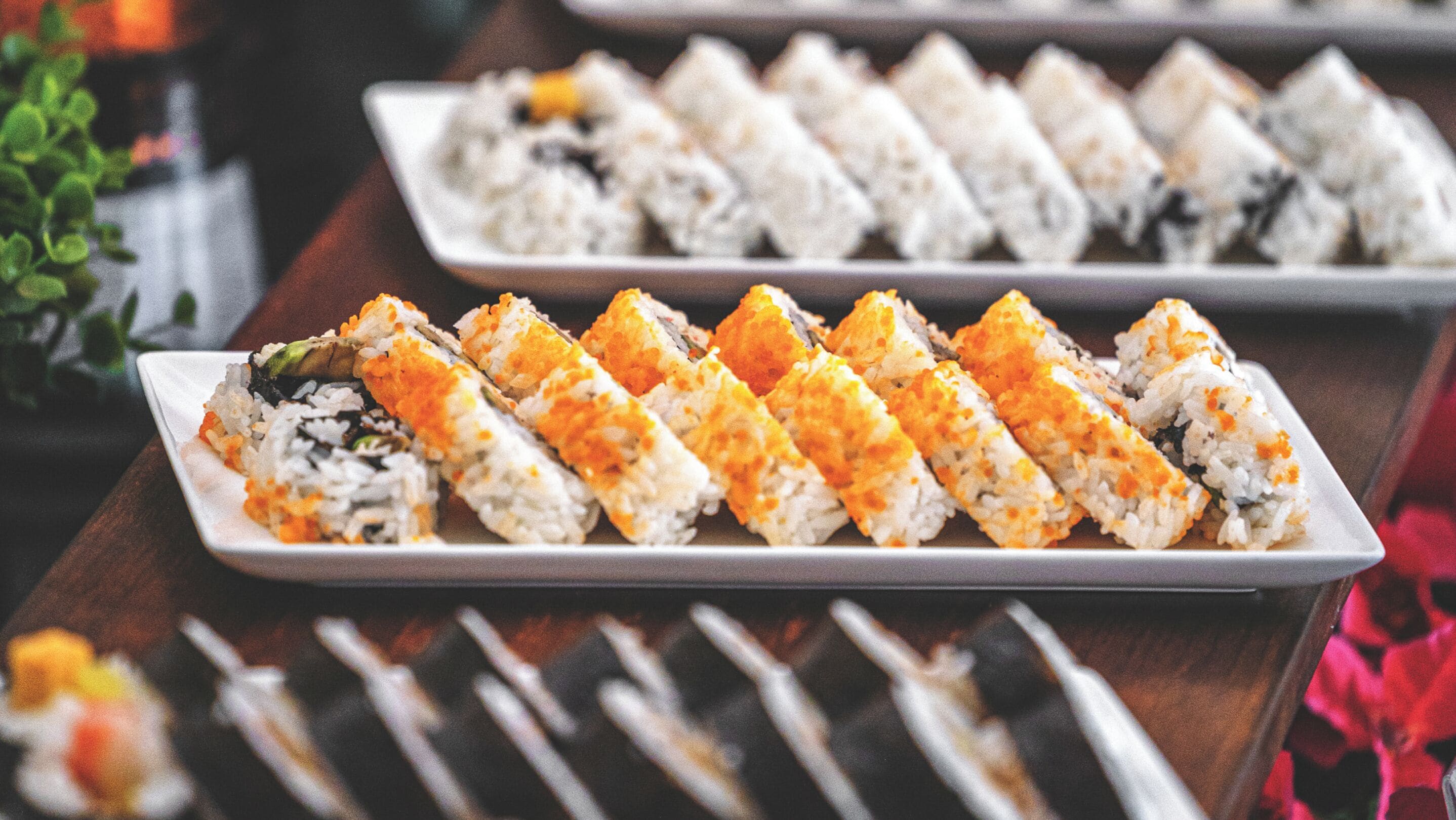 A variety of sushi rolls on a tray.