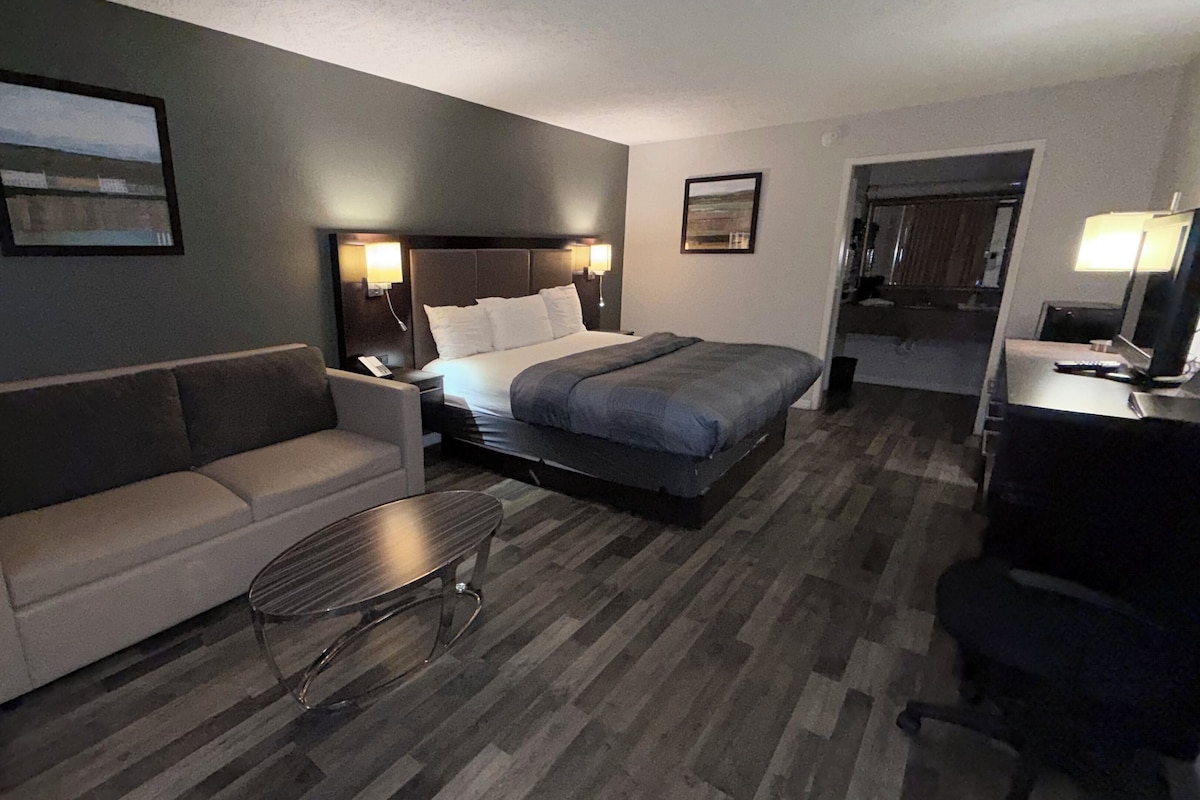 A hotel room with a bed, a sofa, a desk, and a chair.