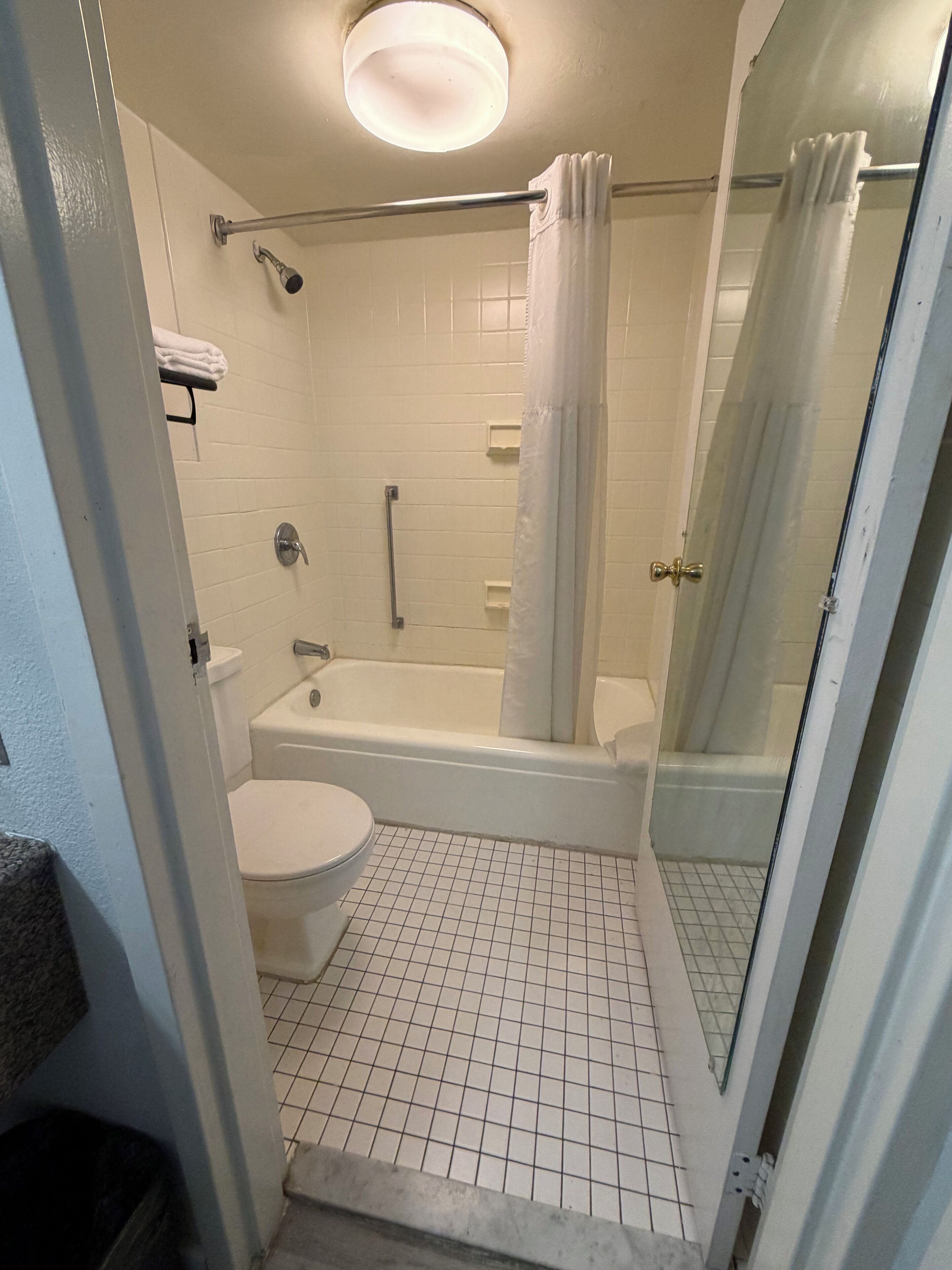 A bathroom with a toilet, bathtub, and shower area.