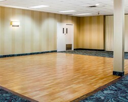 Una habitación amplia con piso de madera, alfombra estampada y una puerta con ventanal.