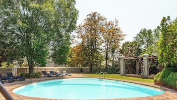 Outdoor pool, pool umbrellas, pool loungers