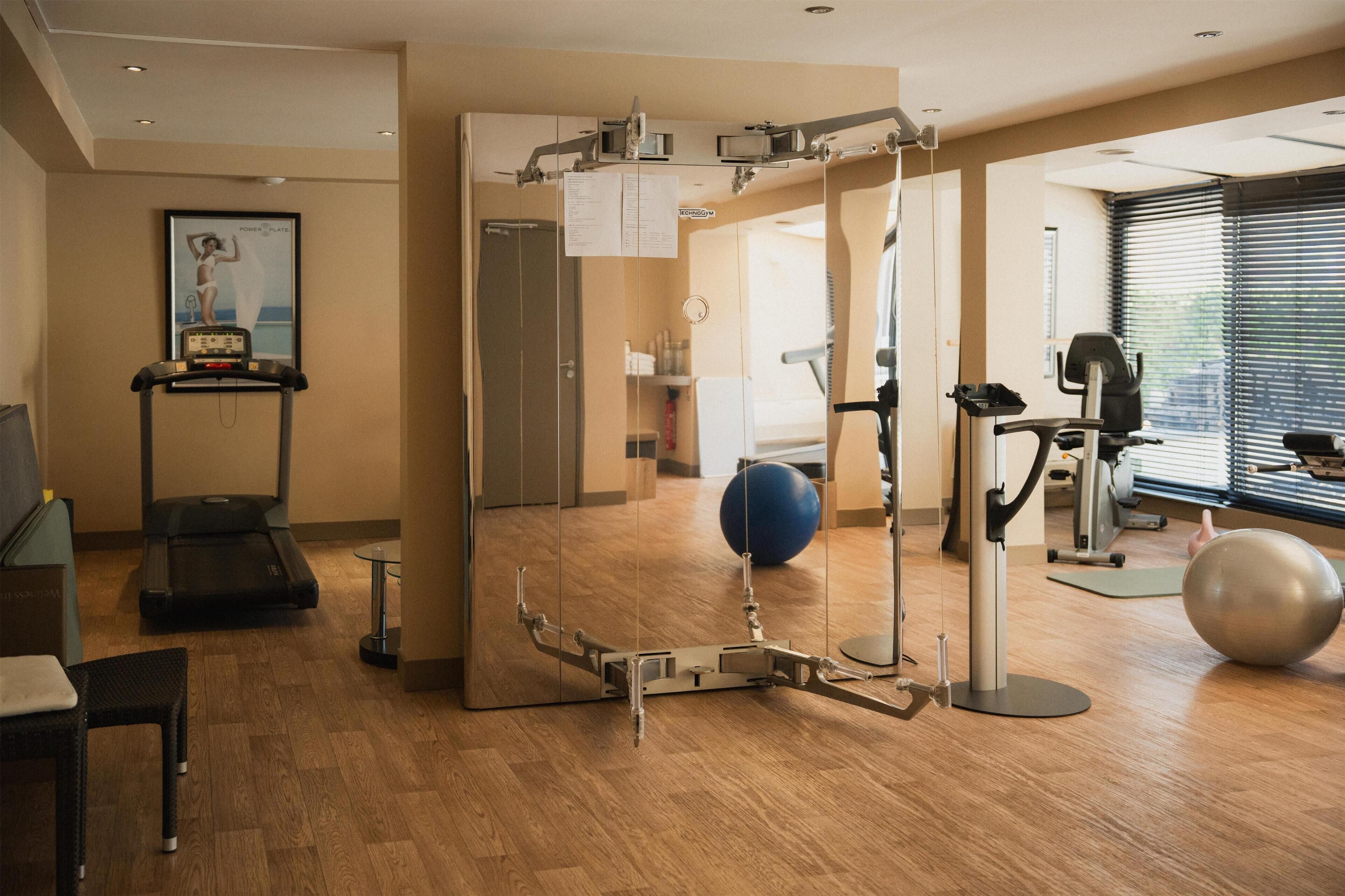 A gym with exercise equipment, a treadmill, and a large exercise ball.
