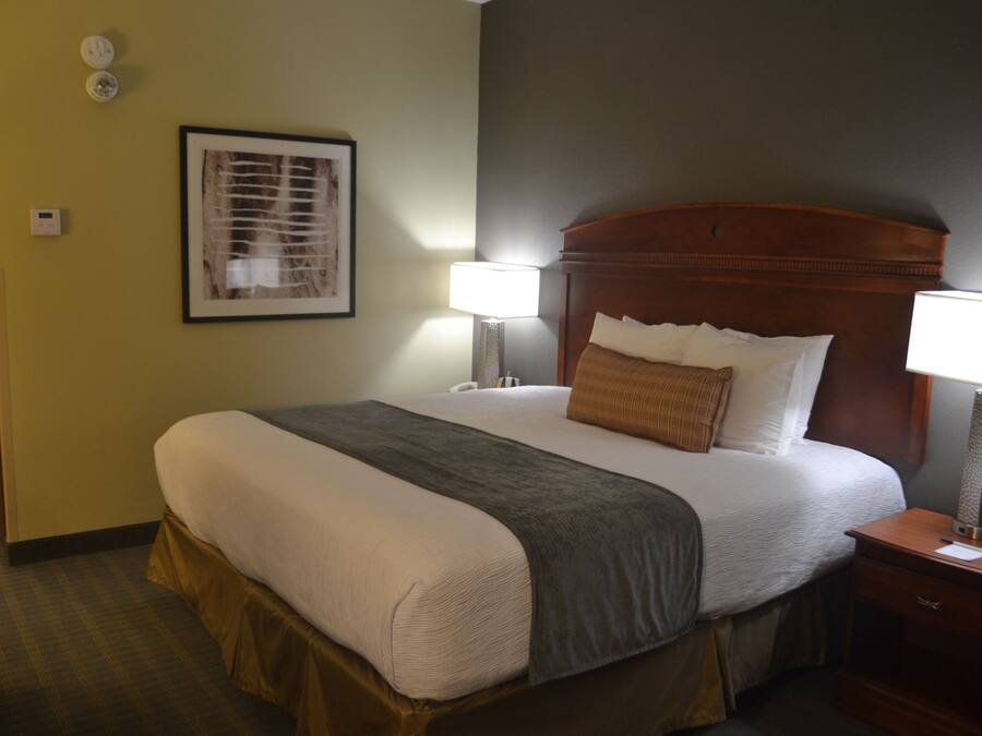 Habitación de hotel con una cama grande, dos lámparas de noche, una obra de arte enmarcada en la pared y una mesita de noche de madera.