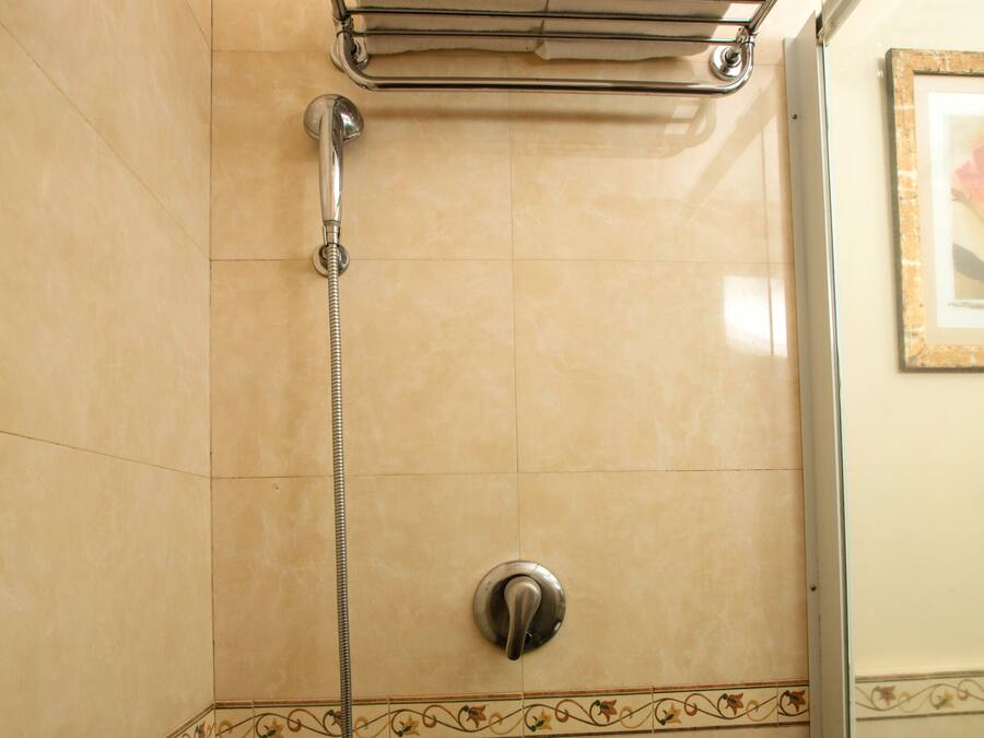 A shower with a towel rack, a showerhead, and a control knob.