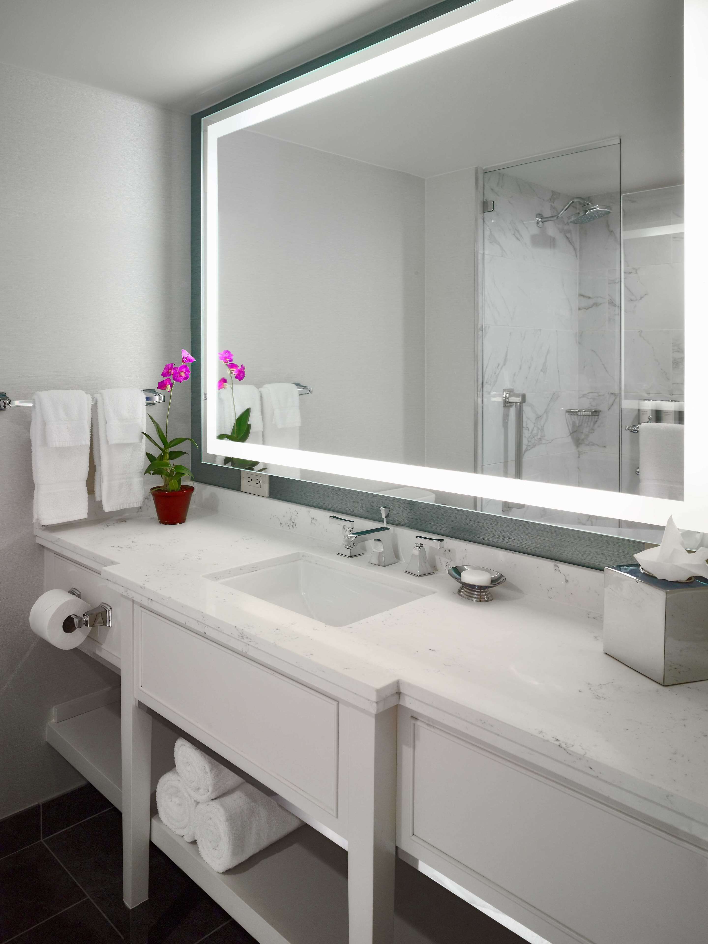 Un baño con un espejo grande, dos lavamanos, una ducha, un inodoro y una orquídea en maceta.