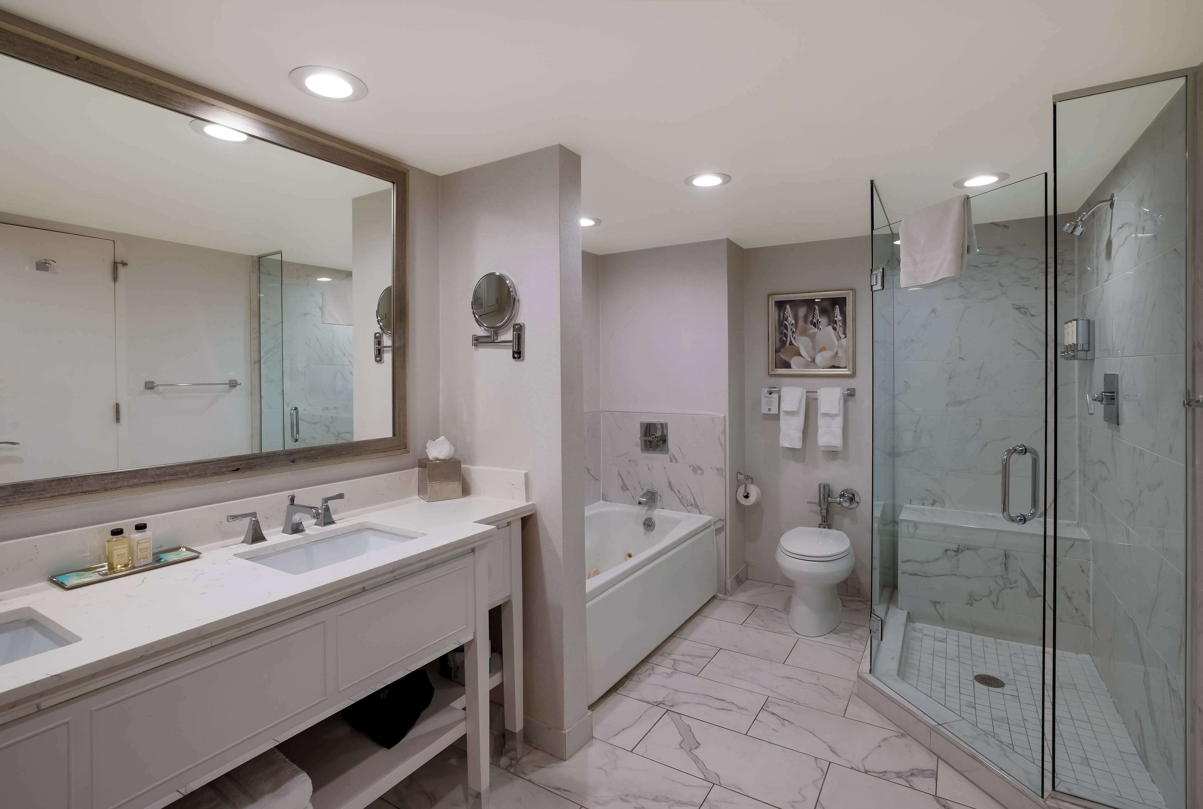 combined shower/bathtub, designer toiletries, hair dryer, towels