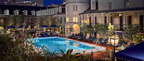 Outdoor pool, open 11:00 AM to 7:00 PM, pool umbrellas, pool loungers