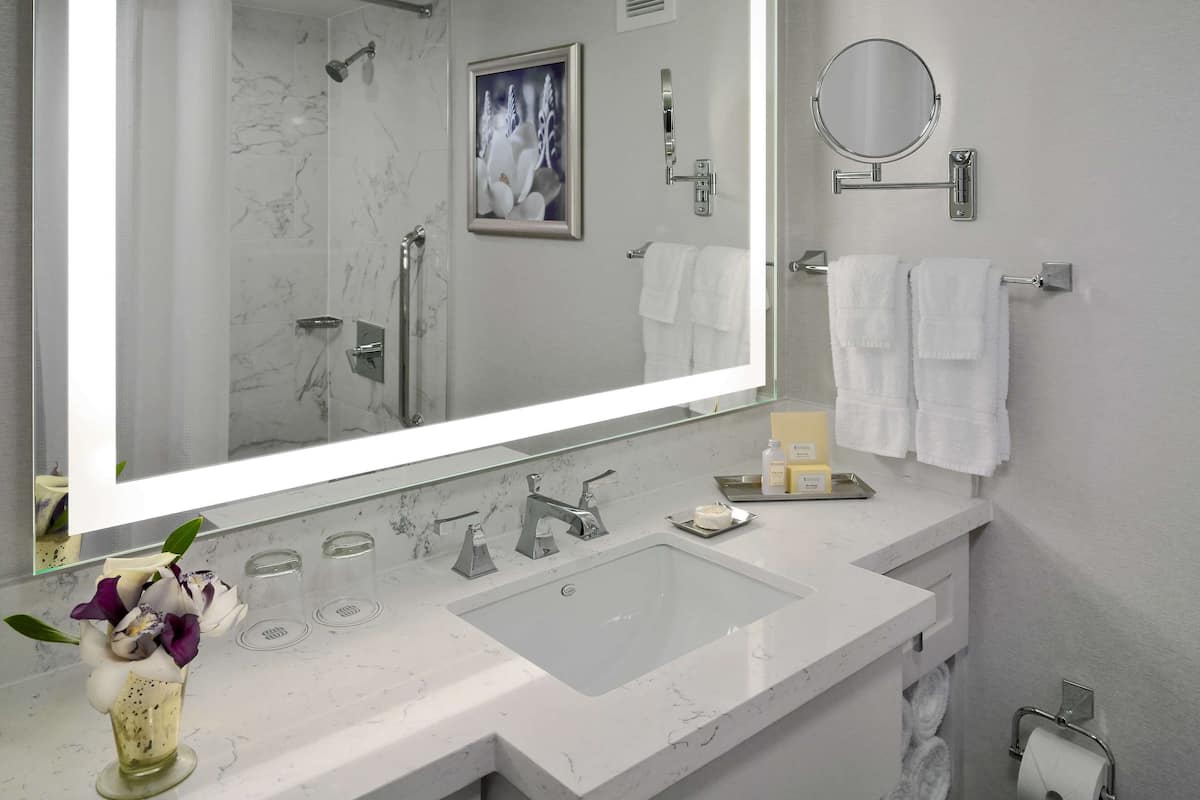 combined shower/bathtub, designer toiletries, hair dryer, towels