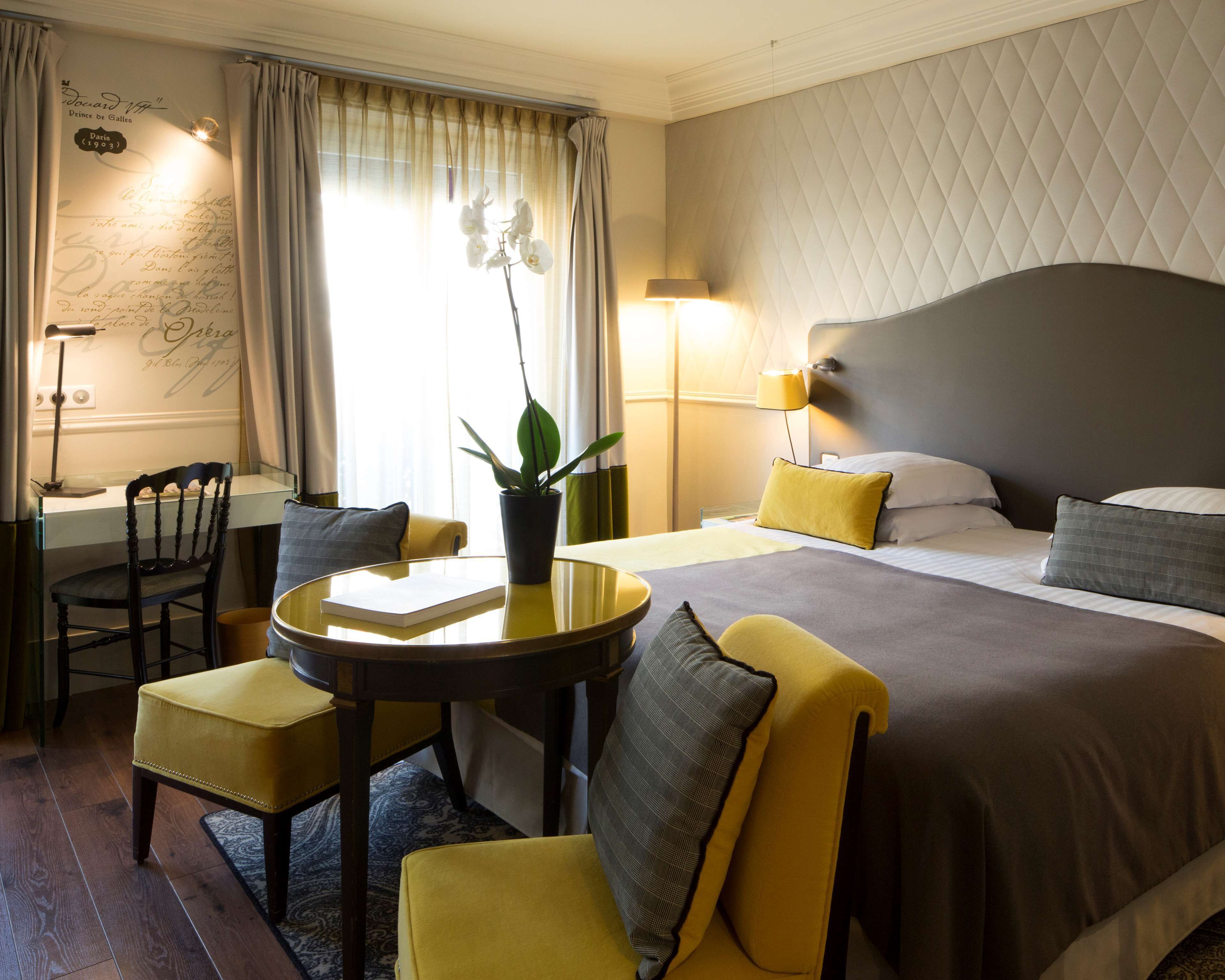 Habitación de hotel con cama, escritorio, silla, mesa y planta en maceta.