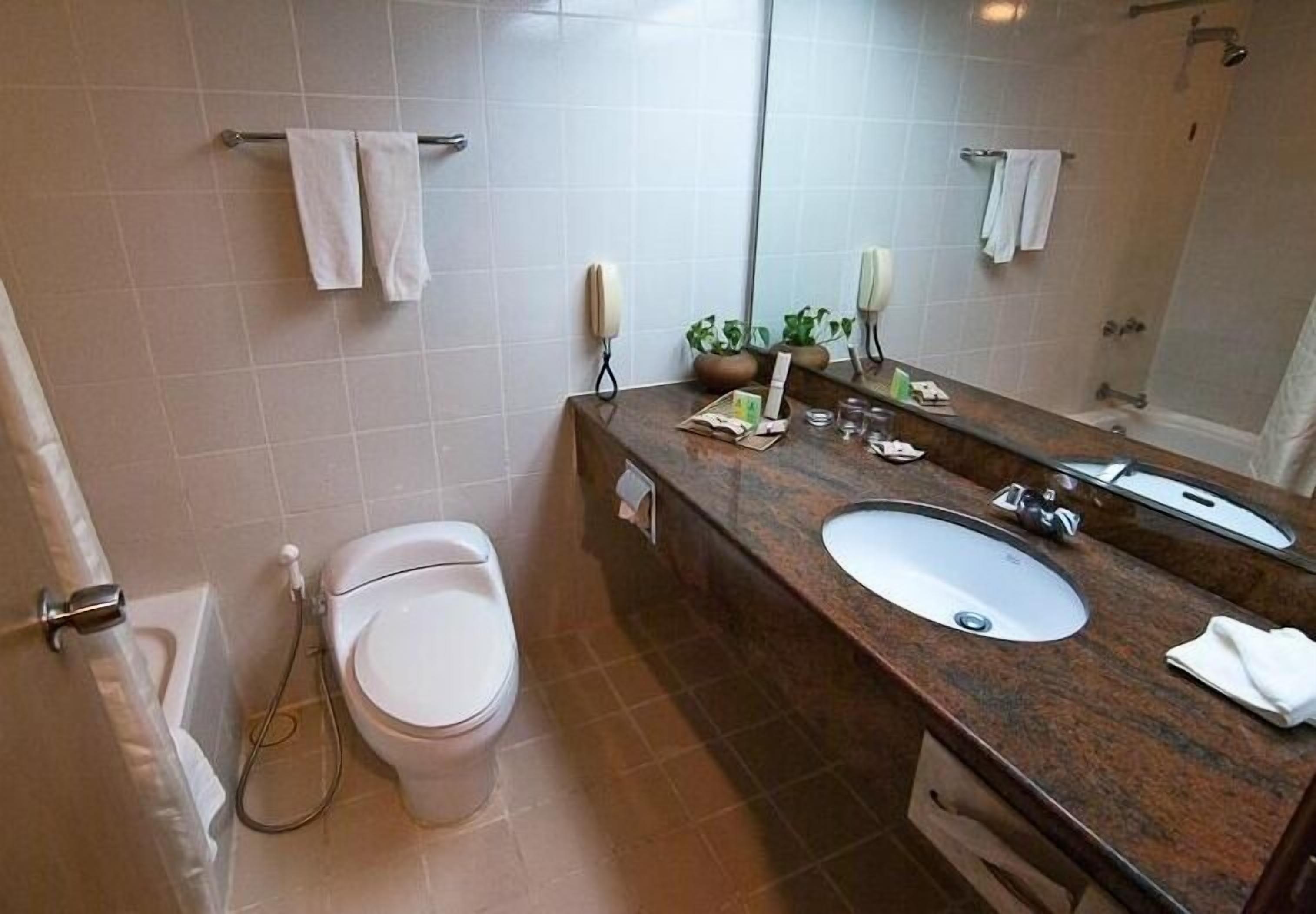 Een badkamer met toilet, wastafel en spiegel. Handdoeken hangen aan een rek en er is een douchehoek zichtbaar.