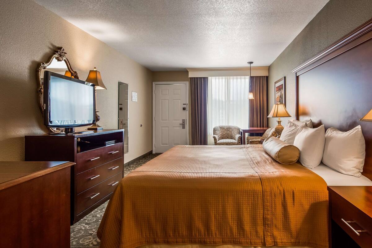 A hotel room with a large bed, a TV, a desk, and a chair.